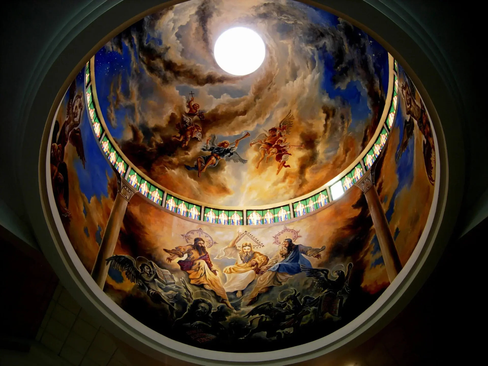 Inside view of a building ceiling with jesus painting