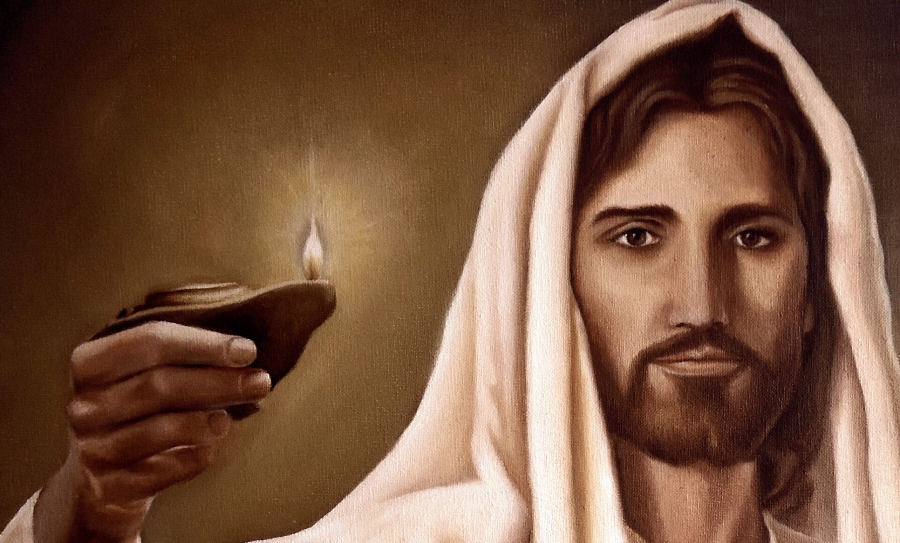 Painting art of jesus holding lighted diva on his hand