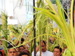 Group of people holding palm branches on palm sunday