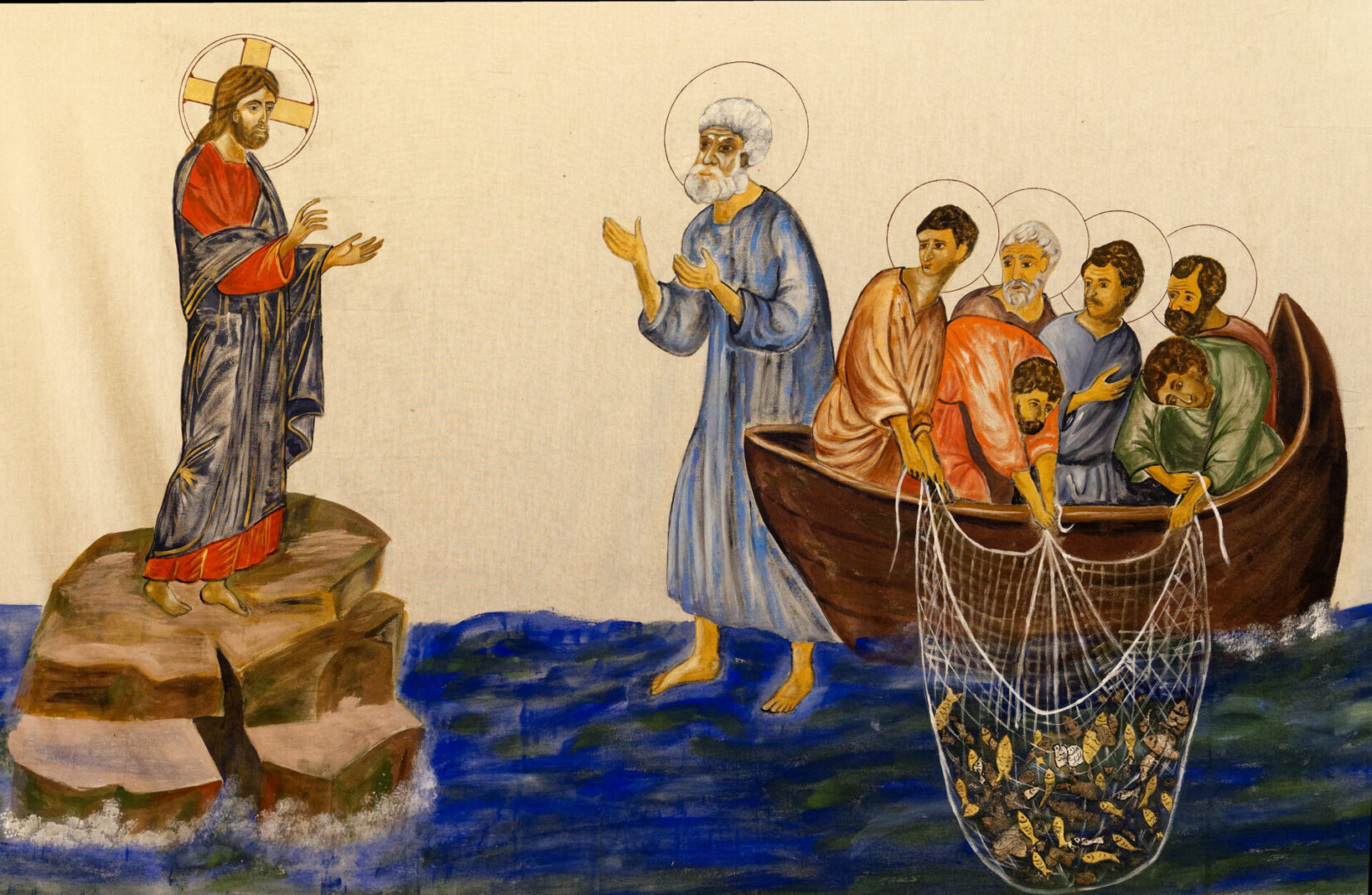 Icon (20th century) of Jesus Miracle: The miraculous fishing. by Joan Sutter courtesy of Cathopic