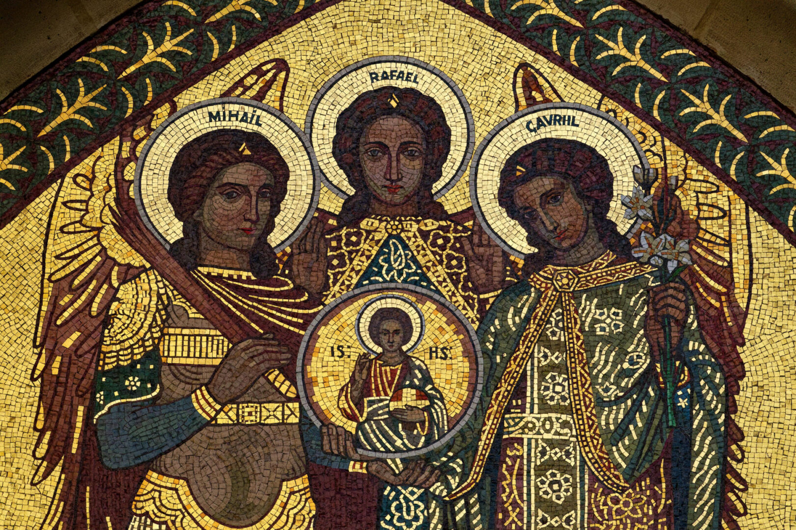 Mosaic of The three archangels, Saint Michael, Saint Gabriel, and Saint Raphael surrounding and protecting Jesus. by Joan Sutter courtesy of Cathopic